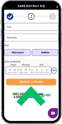 Drugi krok rejestracji w GratoWin – formularz z polami na imię, nazwisko, płeć i datę urodzenia