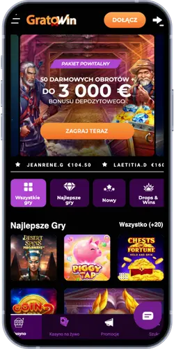 Główna strona kasyna z dużym banerem powitalnym, bonusem i siatką popularnych slotów