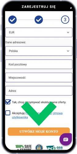 Trzeci krok rejestracji w GratoWin – formularz z danymi adresowymi i przyciskiem „Utwórz moje konto"